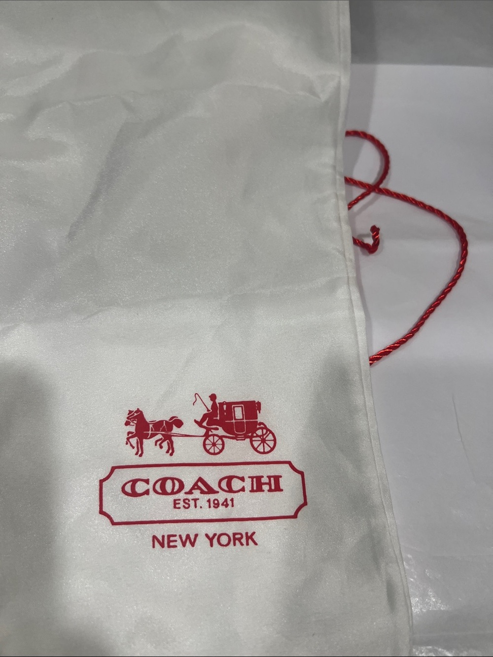 Coach White Dust Bag with Red Logo and Drawstring
